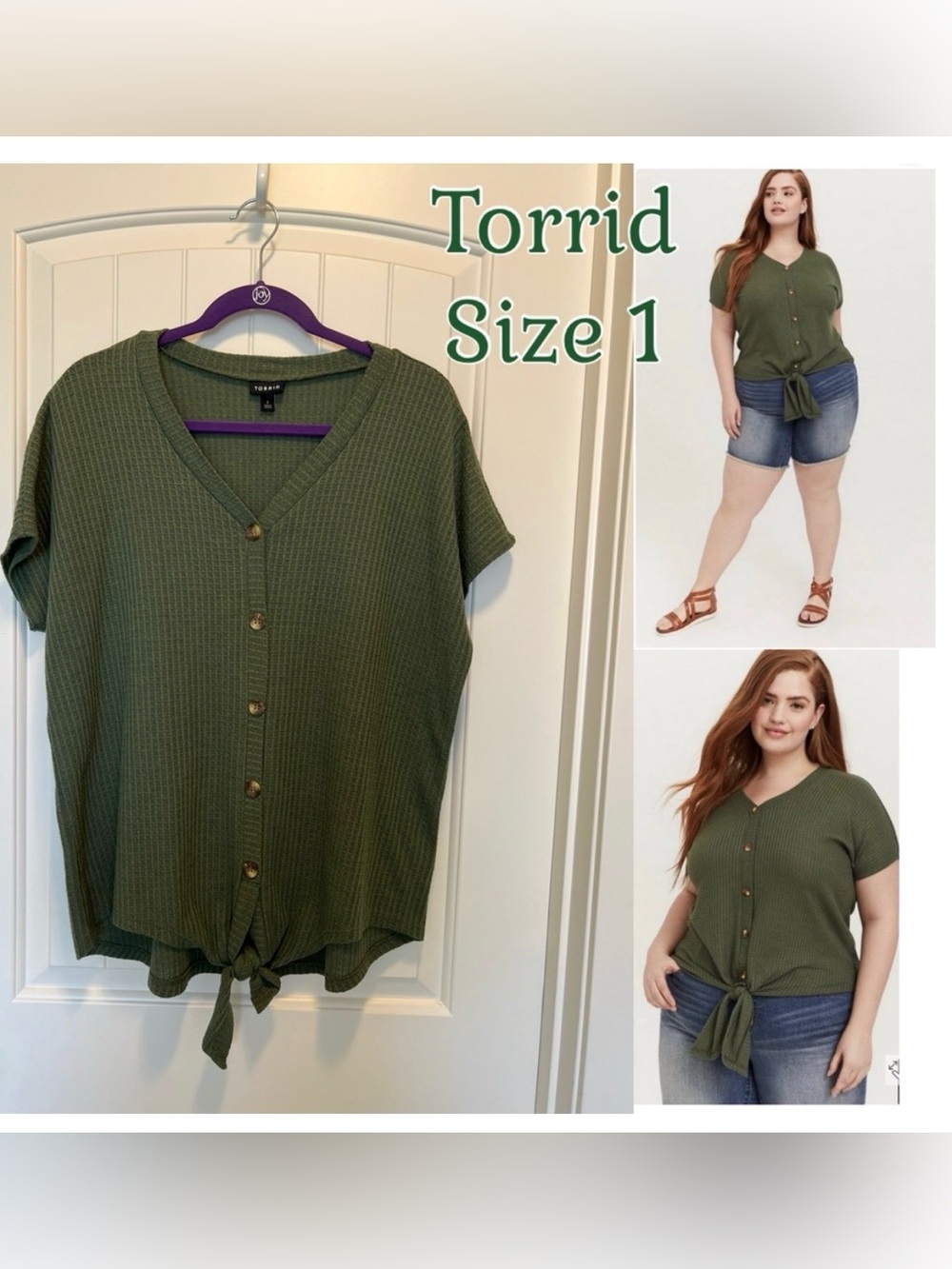 Torrid Women's Green Waffle Knit Pullover Top Decorative Buttons Knot Tie, Sz 1